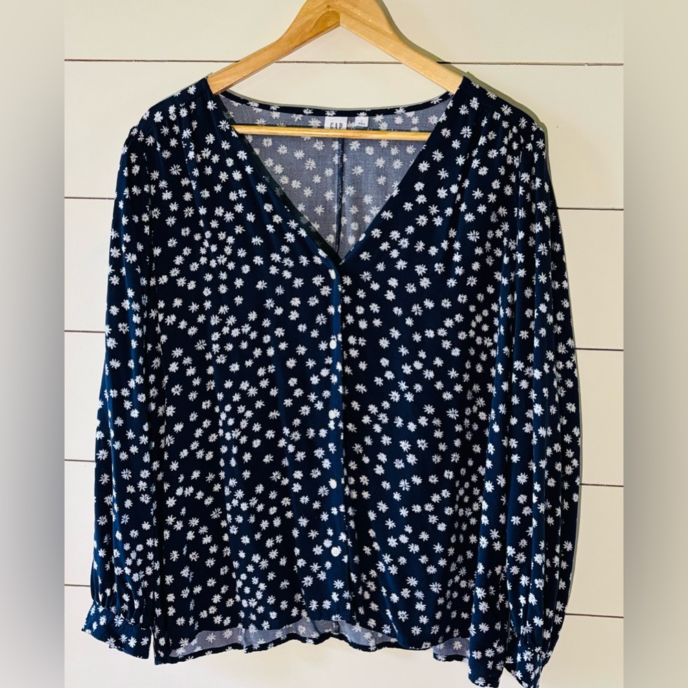 GAP Navy Floral Blouse, office, casual, spring, lightweight, long sleeve, size L